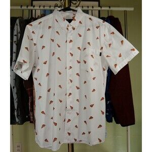 Molokai Surf Co Men's XL Short Sleeve Button Shirt White Cotton Pizza Design